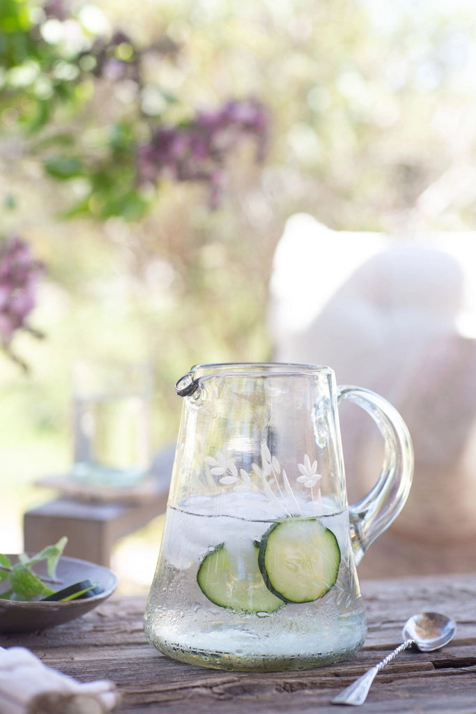 Handblown Blown and Etched Pitcher