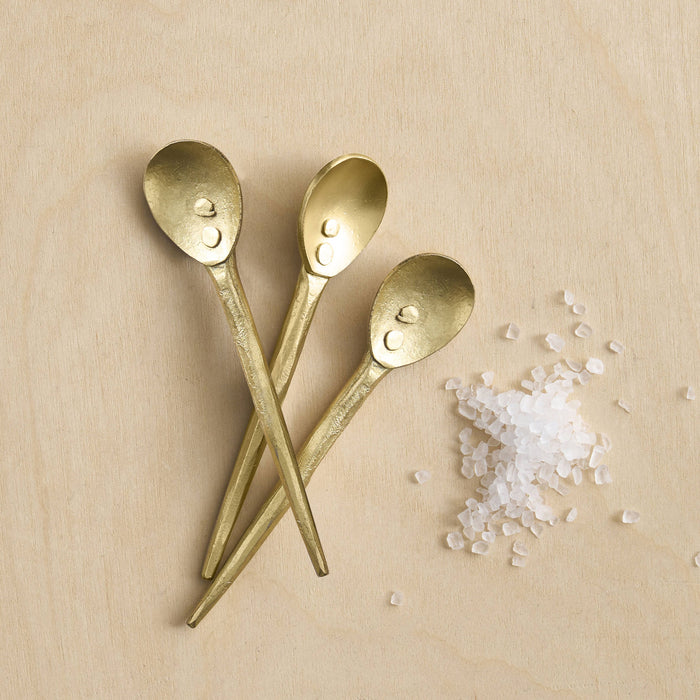 Brass mini serving spoons set, three small scoops with round bowl heads