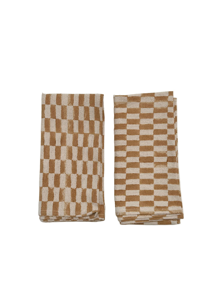 Rectangular checkered napkin set of 2, mustard and cream, neatly folded
