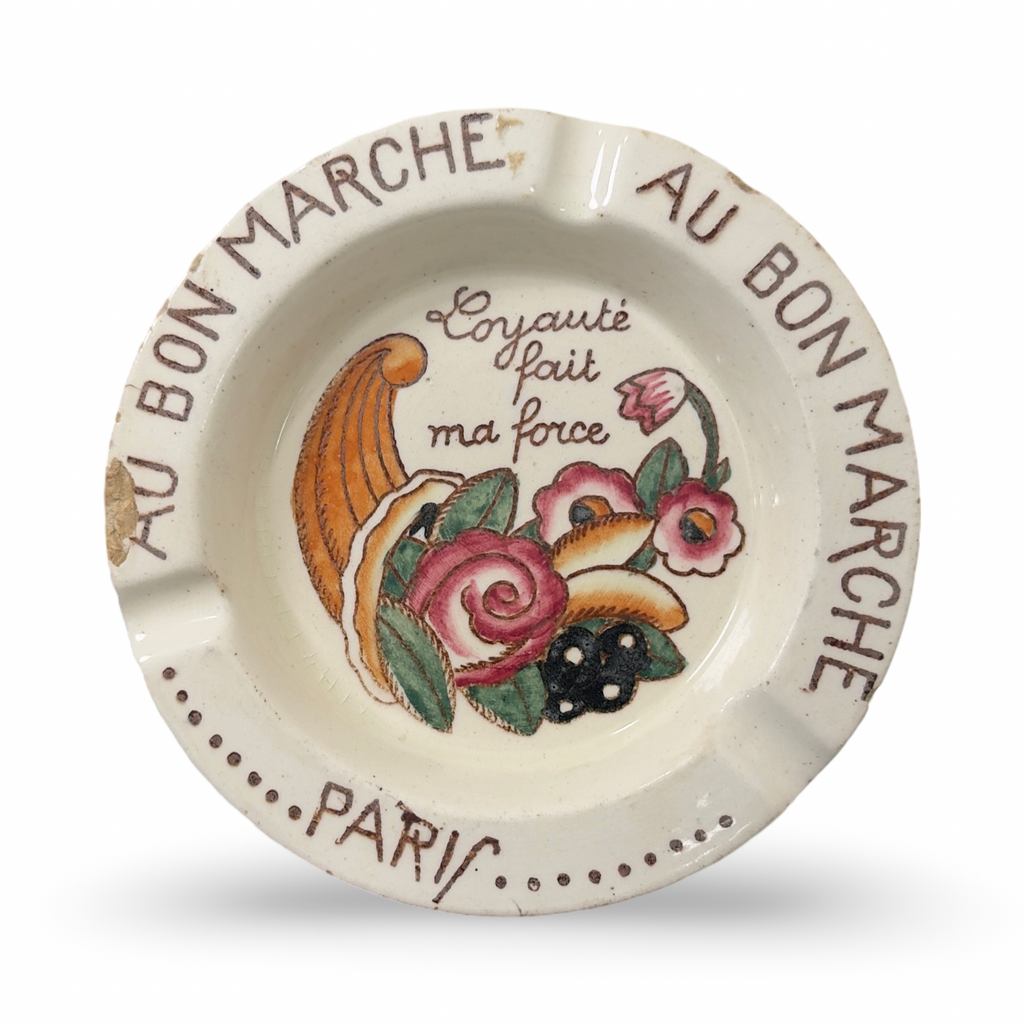 Ceramic ashtray with colorful rooster-and-flower artwork on the rim