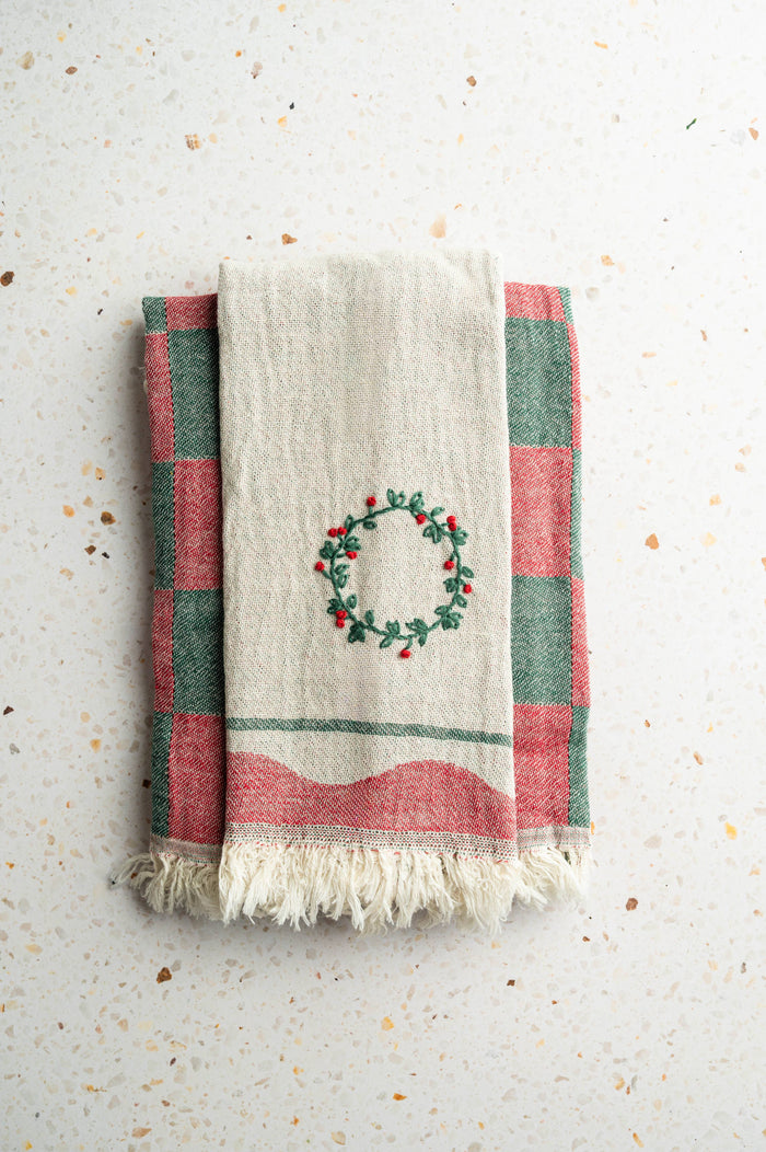 Wreath Hand-Stitched Tea Towel Set