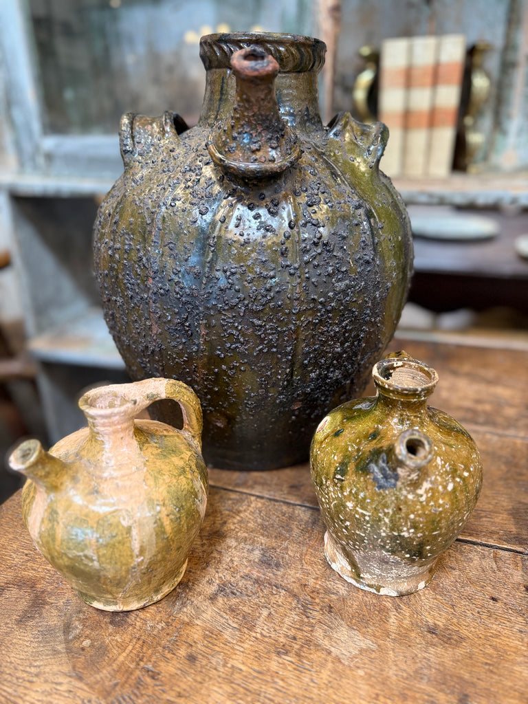 Antique French Walnut Oil Jar - Dark Green