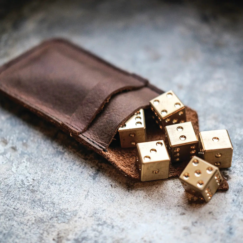 Set of 6 Brass Dice in Leather Pouch