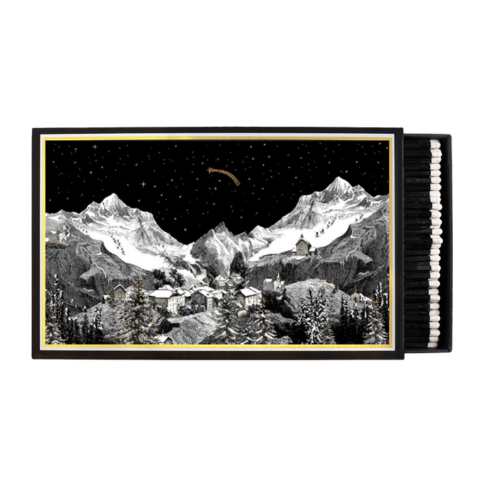Giant safety matches box with alpine mountain village artwork and black outer sleeve