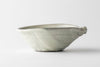 Handmade Japanese ceramic bowl with speckled light gray glaze and rounded spout