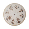 White porcelain dish with brown and blue floral pattern, round shallow plate