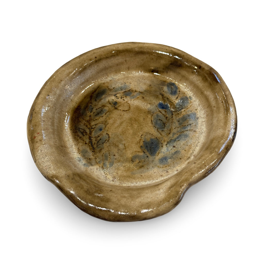 Handmade ceramic spoon rest, brown leaf-shaped dish with blue speckled glaze