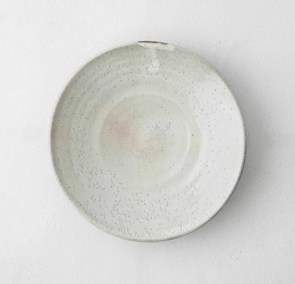 Round ceramic serving bowl with pale gray speckled crackle glaze, shallow interior.