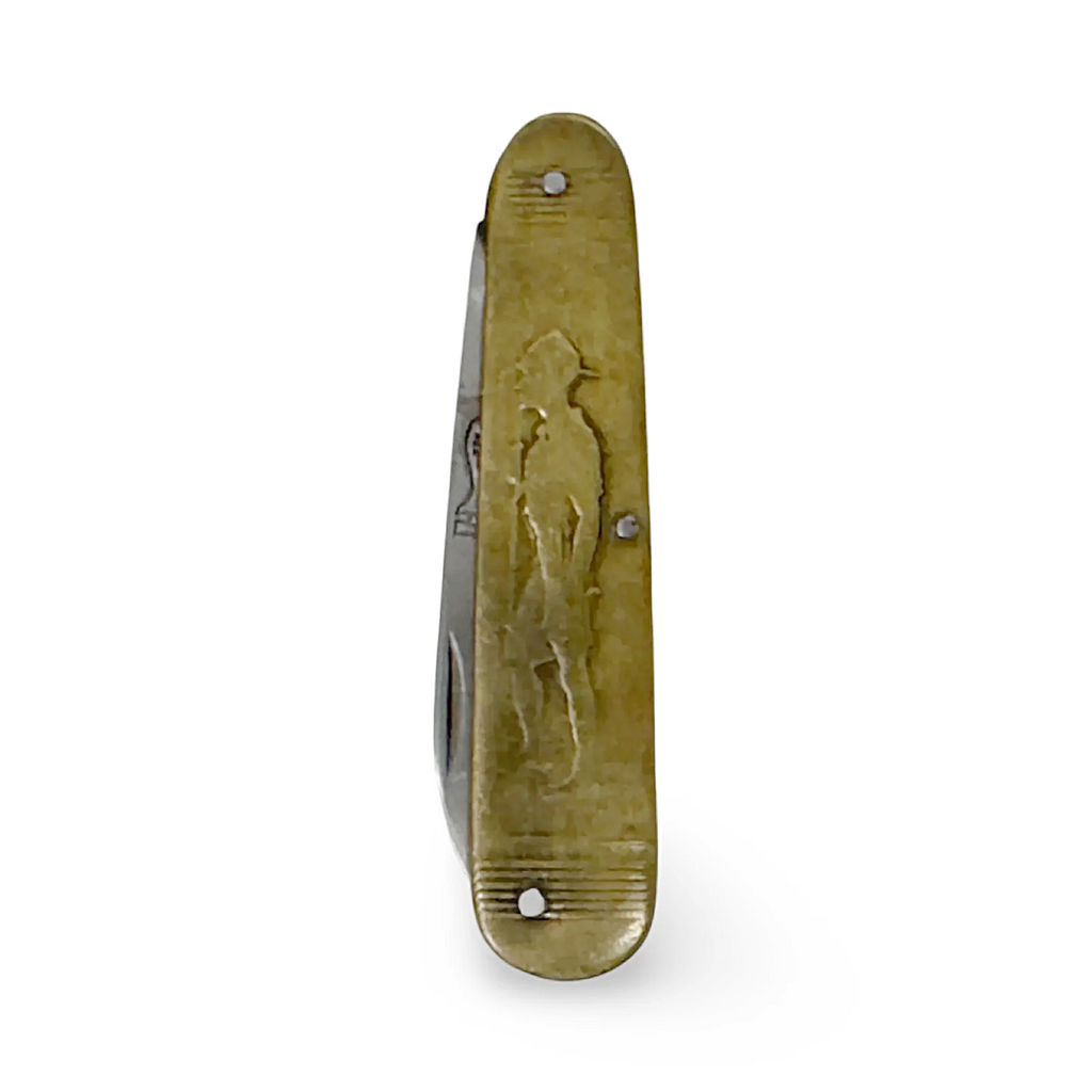 Pocket knife with olive handle, blade and small bottom tool detail