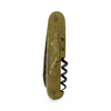 Pocket knife with olive handle, visible blade edge and corkscrew bit