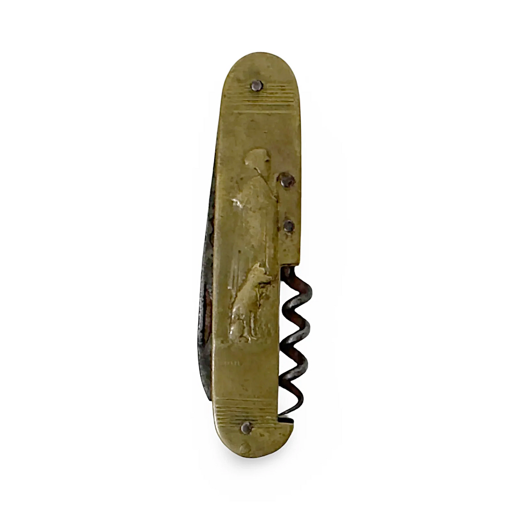 Pocket knife with olive handle, visible blade edge and corkscrew bit