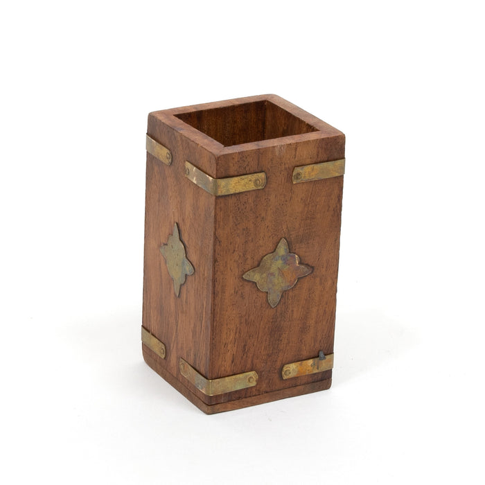 Wood catch-all box with hinged lid and metal corner accents, butterfly cutout design