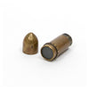 Brass bullet shell casing with dark primer end and separate bullet piece