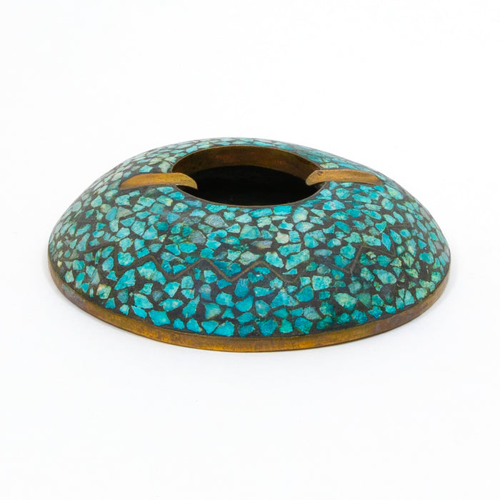 Vintage decorative ashtray with teal mosaic pattern and brass-toned rim, open top