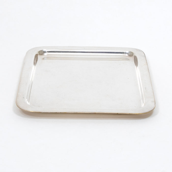 Vintage French hotel silver-tone serving tray with raised rim, rectangular