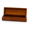 Wooden keepsake box with hinged lid, open to show empty interior