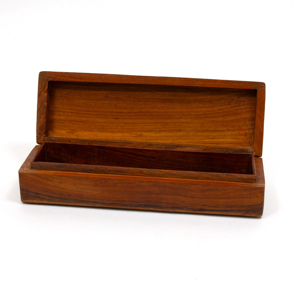 Wooden keepsake box with hinged lid, open to show empty interior