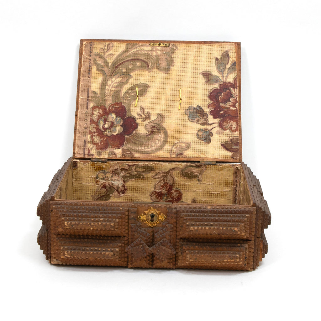Decorative wooden trinket box with floral lid interior, open top and brass medallion