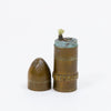 Antique metal lighter with hinged cap, decorative bands and patina finish