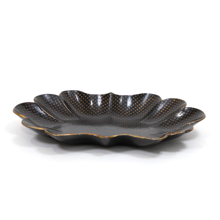 Fluted decorative tray with dark speckled finish and gold rim edge