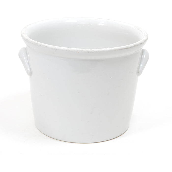 White stoneware ice bucket with side handles and round open top