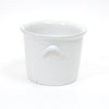White stoneware ice bucket with front arched handle and wide round rim