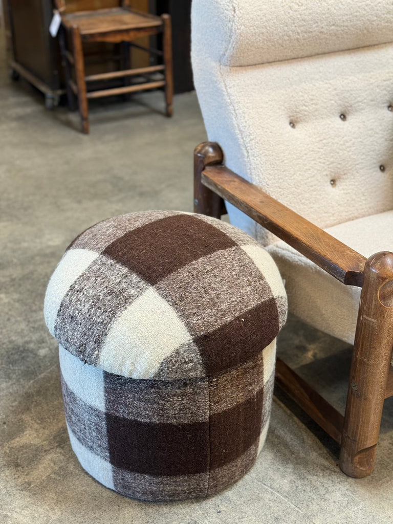 Antique European Brown/White  Mohair Pouf