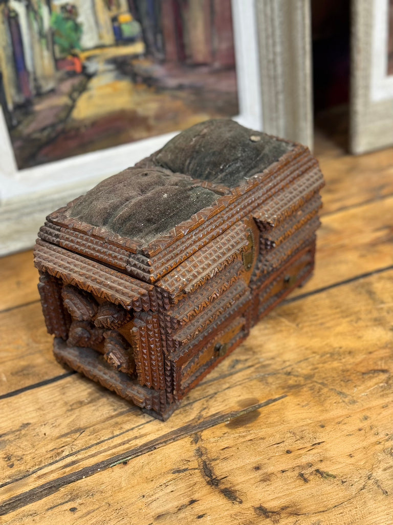 Antique Tramp Art Box with Velvet Top