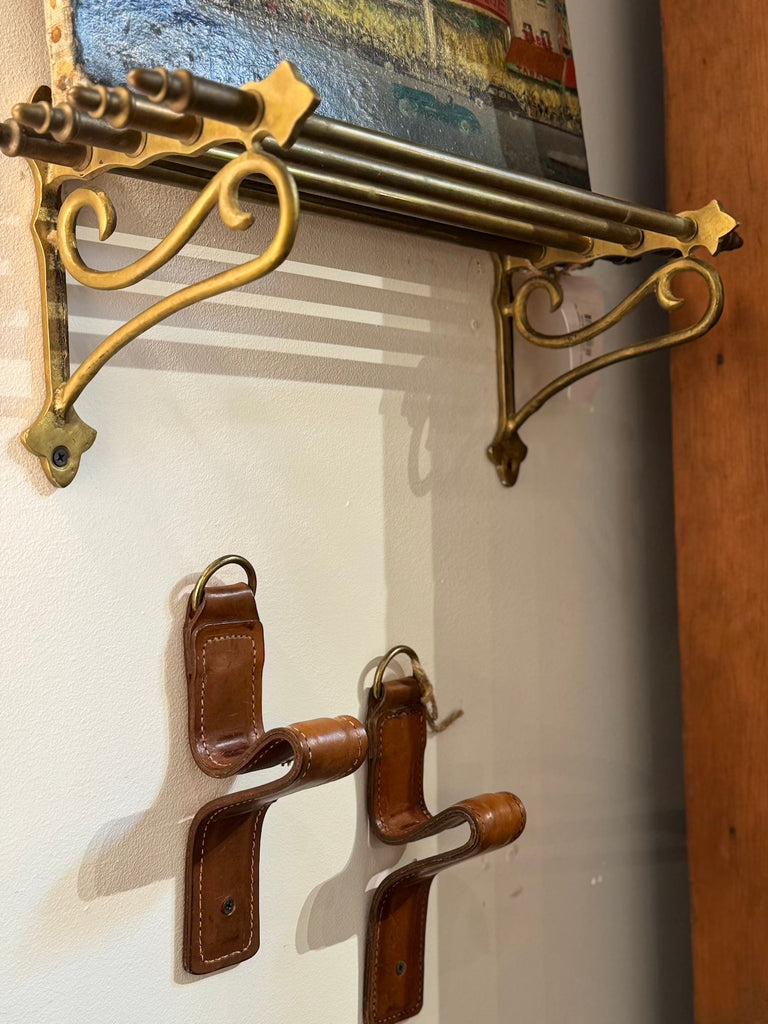 Vintage French Leather & Brass Wall Hooks