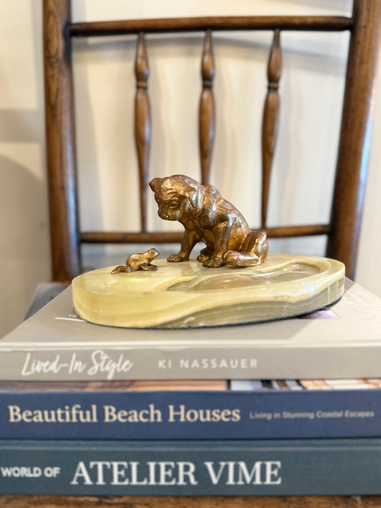 Art Deco Bronze French Dog and Frog Marble Desk Tidy