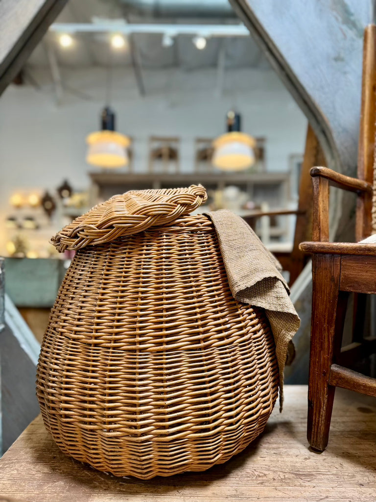 Vintage French Covered Rattan Basket