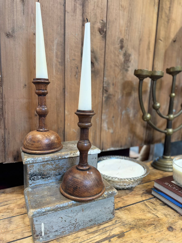 Antique French Hand Turned Wooden Candlesticks