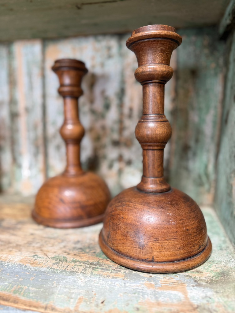 Antique French Hand Turned Wooden Candlesticks
