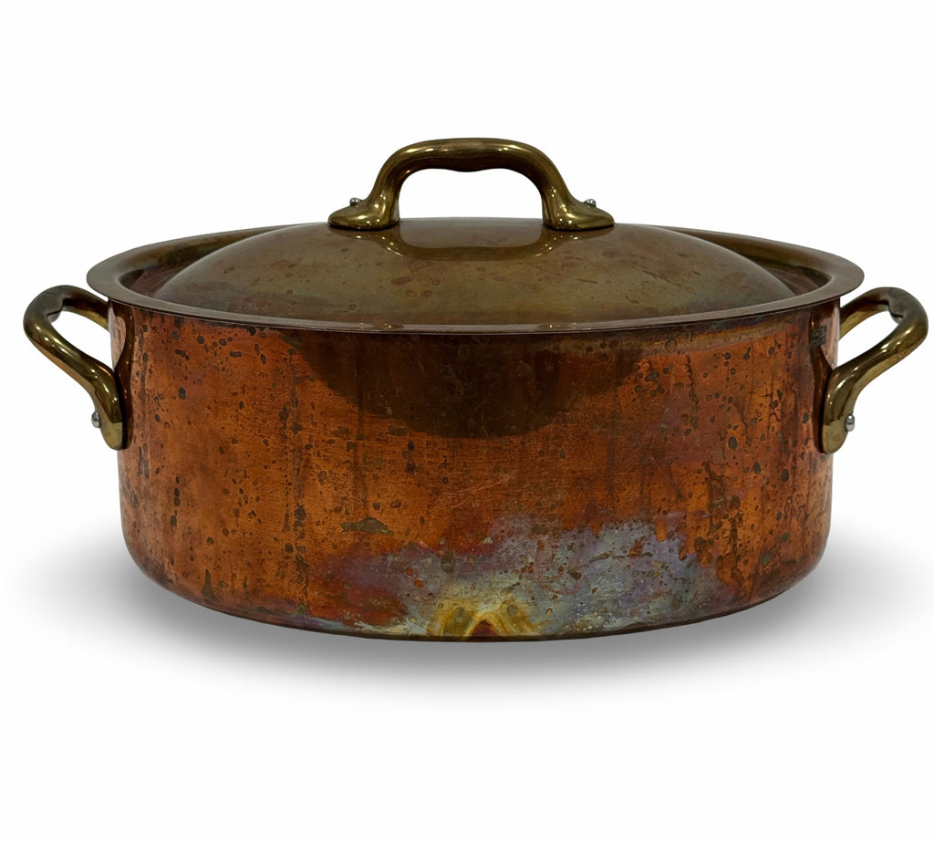 Vintage French Copper Oval Pot with Lid and Brass Handles