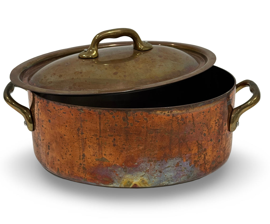 Vintage French Copper Oval Pot with Lid and Brass Handles