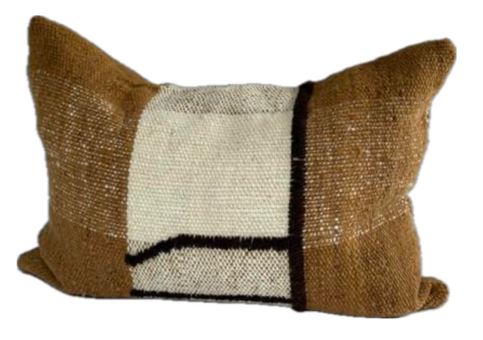 Makun Lineal Pillow - Ochre/White with Brown Stitch