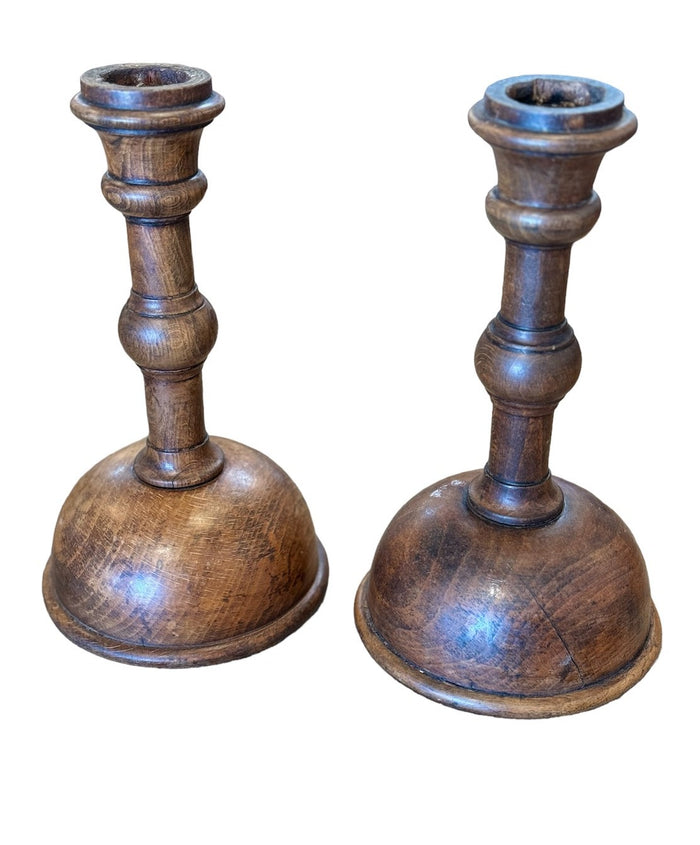 Antique French Hand Turned Wooden Candlesticks