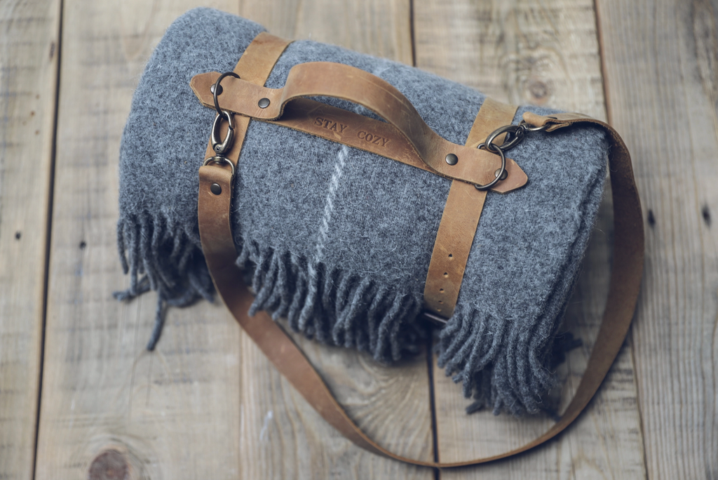 Grey Wool Blanket with Leather Handle Strap