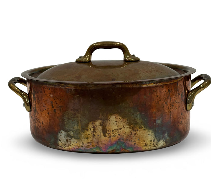Vintage French Copper Oval Pot with Lid and Brass Handles