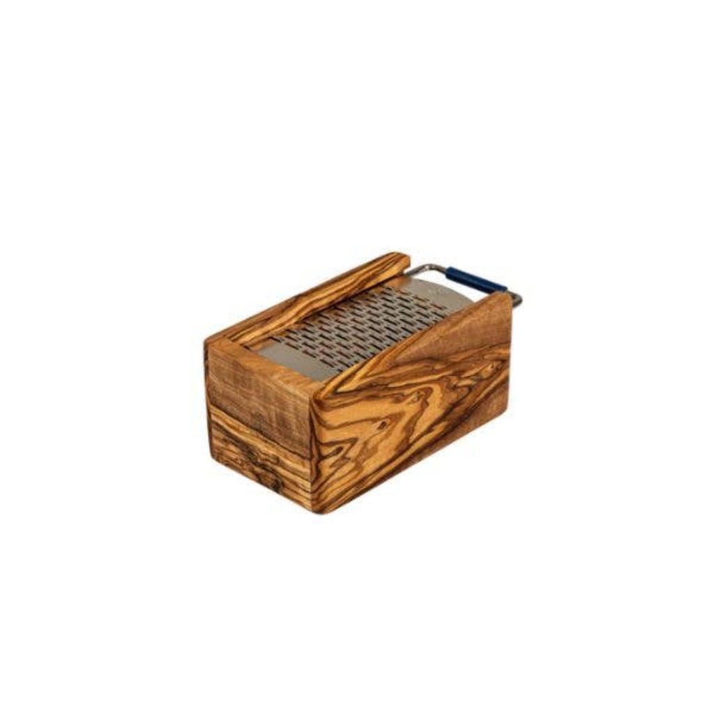 Parmesan grater wooden box with metal grater plate and blue grip
