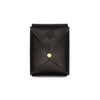Black leather playing card case with crisscross stitching and brass snap closure