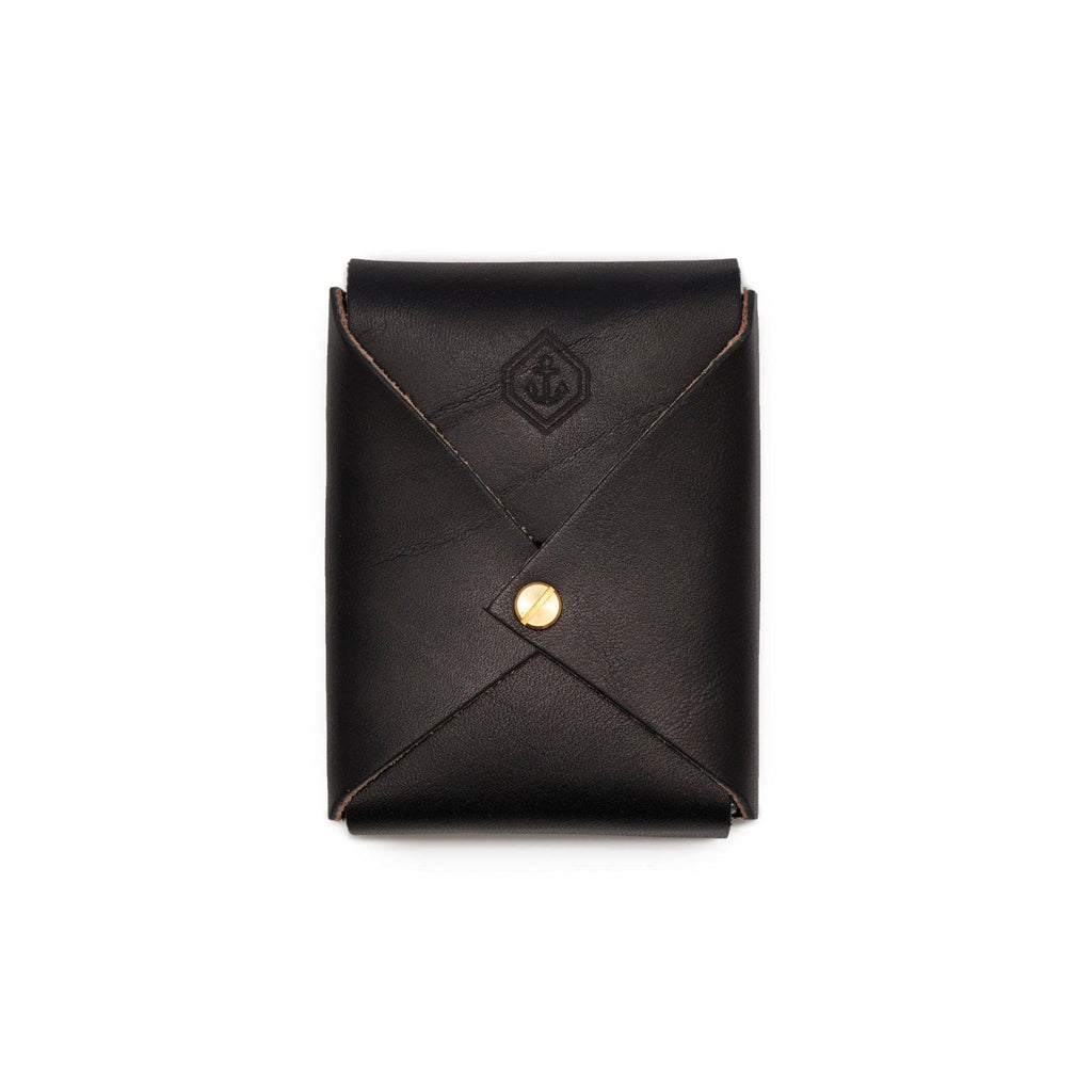 Black leather playing card case with crisscross stitching and brass snap closure