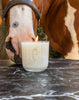 Horse soy wax candle in a clear glass tumbler beside a horse's muzzle.