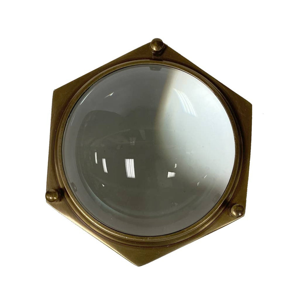 Antique brass hexagonal desk magnifier with round glass lens and top mount