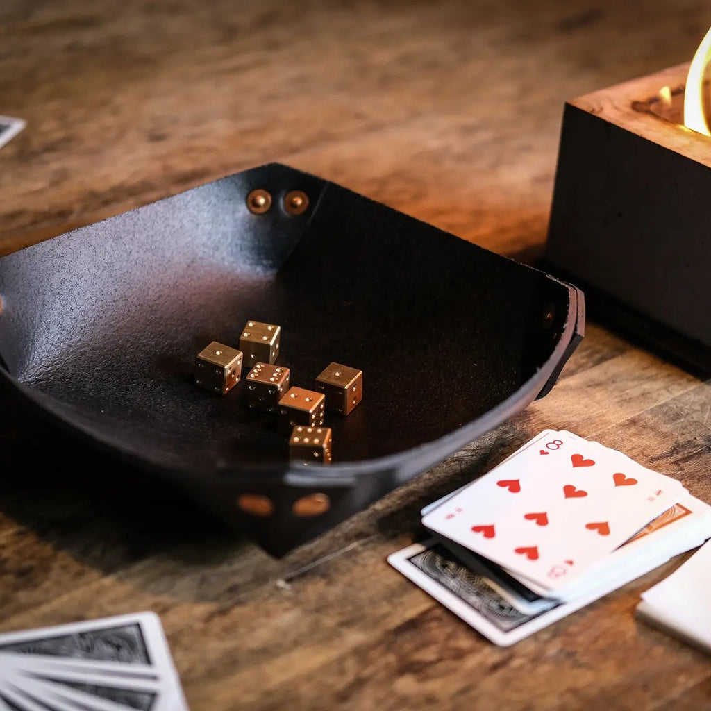 Set of 6 Brass Dice in Leather Pouch