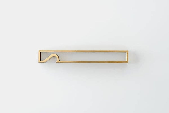 Brass bottle opener with flat rectangular handle and curved pry hook