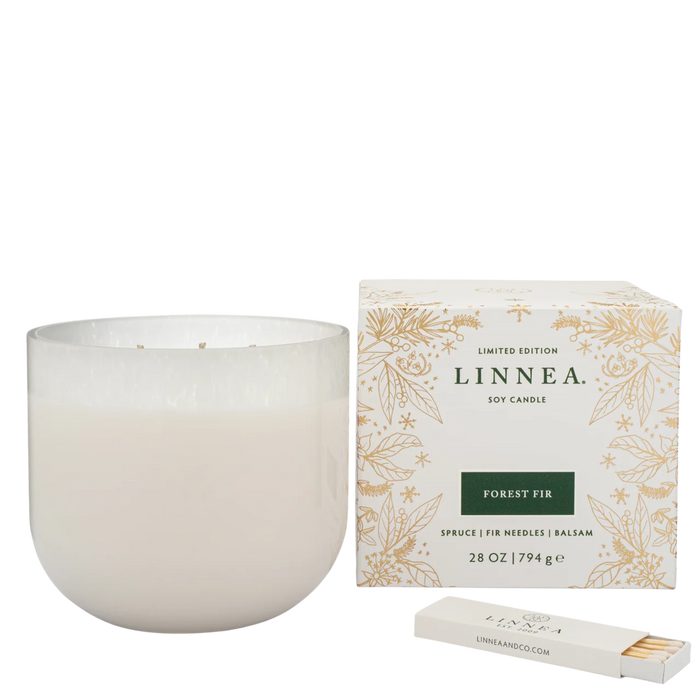 Forest fir soy candle in frosted jar with gift box and matchstick holder