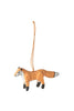 Paper mache donkey ornament, orange-brown with gray muzzle, hanging on orange cord