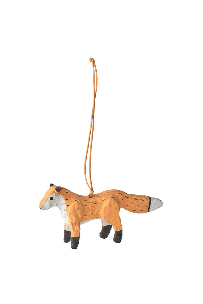 Paper mache donkey ornament, orange-brown with gray muzzle, hanging on orange cord