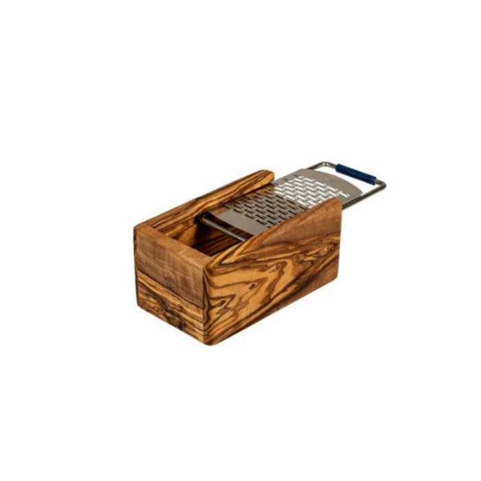 Olivewood-style parmesan grater with metal grating box and blue handle